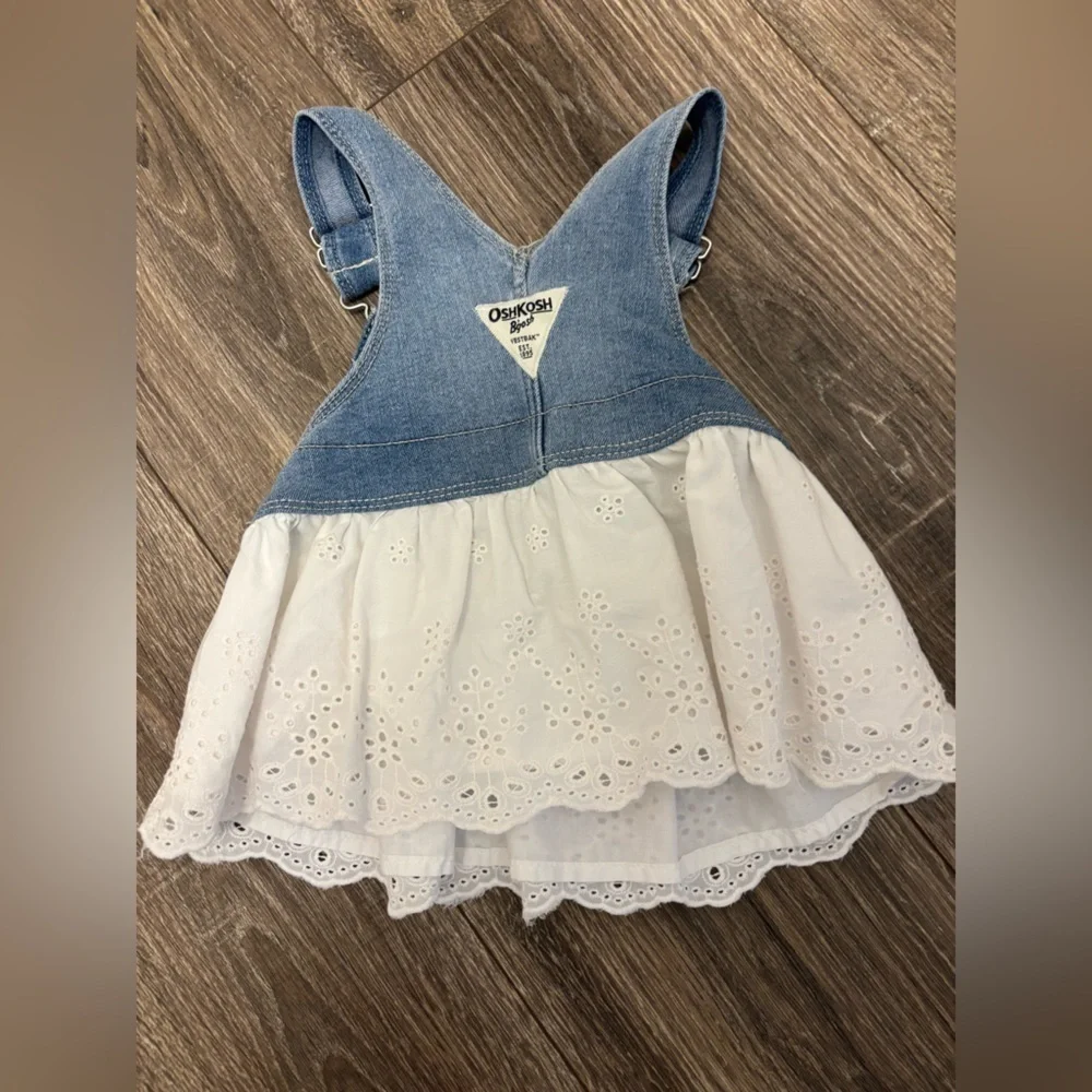 Oshkosh B'Gosh Baby Denim Jumper Dress White Eyelet Skirt Vestbak 6 Months